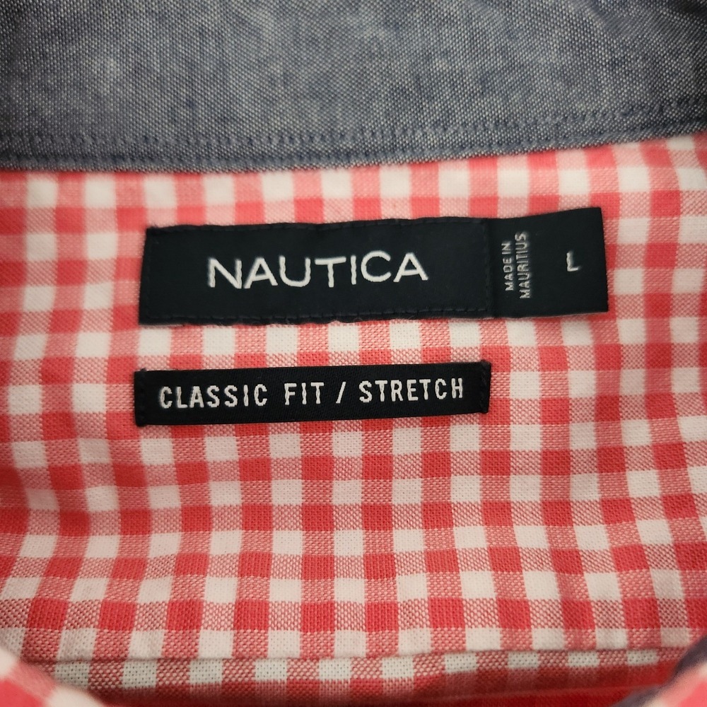 Nautica Mens L Classic Fit Stretch Gingham Orange Checkered Button Down Shirt - Picture 9 of 9